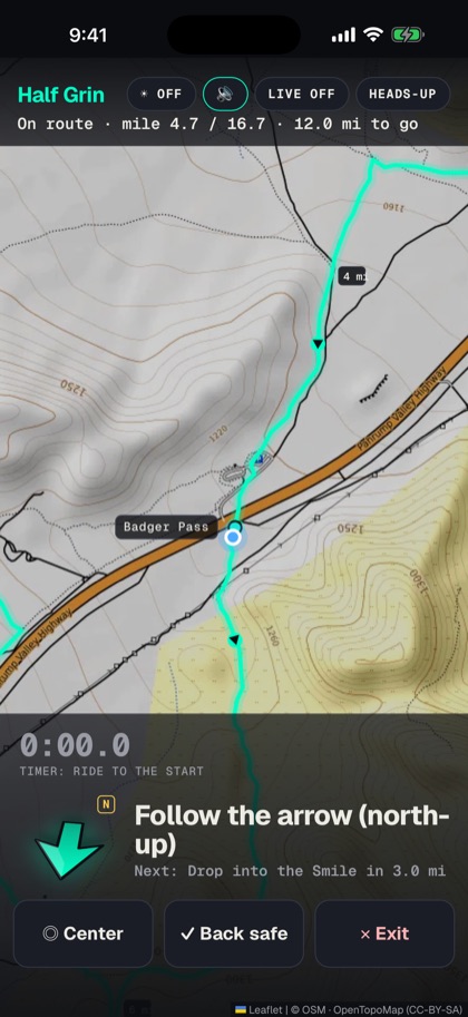 Ride mode: full-screen map with the next turn