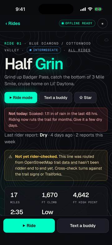 A ride page with its trail alert
