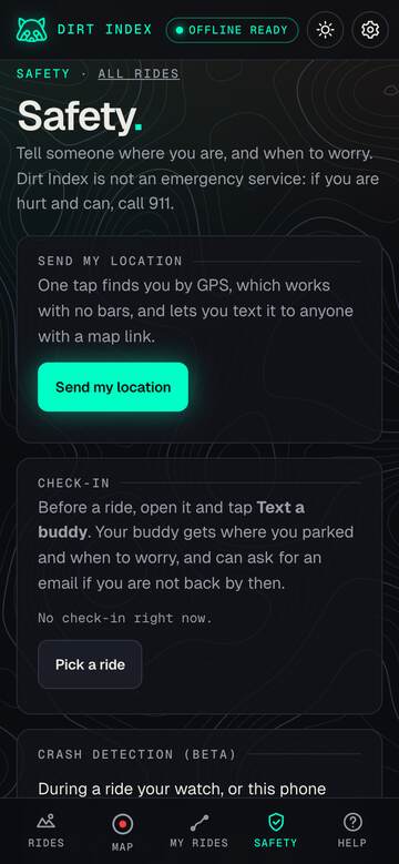 The Safety tab: Send my location and Check-in