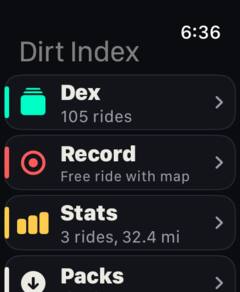 The Dirt Index watch home: Dex, Record, Stats and Packs